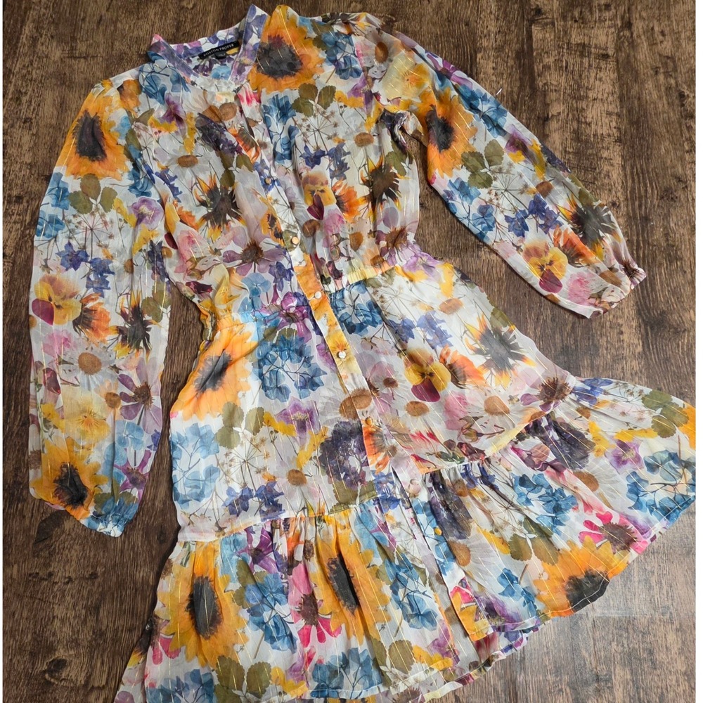 BOSTON PROPER Mini Dress Womens Size S Multicolor Floral Gold Metallic Stripe